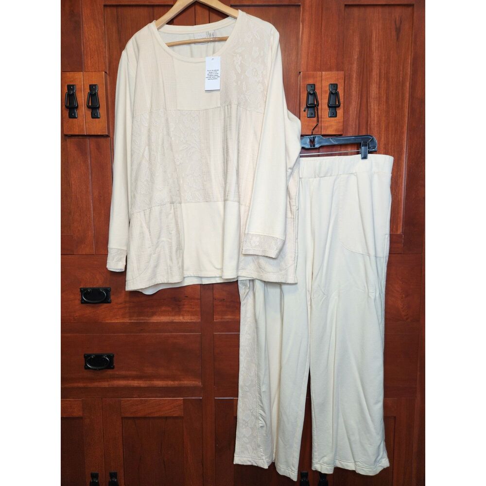 LOGO by Lori Goldstein Bisque Lace Lounge Wear 2-piece Set Top 2x Bottom 1X NWT!